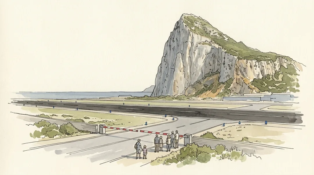 Ink and wash plate of the place where the road and footway cross Gibraltar's airport runway: a red and white barrier lowered across the road with a handful of people waiting on foot behind it, the empty black runway running right across the middle of the picture, and the sheer grey north face of the Rock rising out of flat ground beyond it.