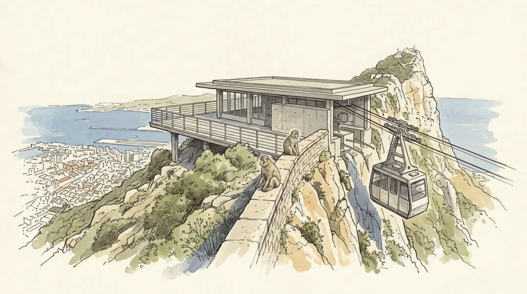 Ink and wash plate of the cable car top station on the summit ridge: a low modern building of concrete and glass sitting astride the crest with a railed viewing terrace, a cabin arriving on its cables, two macaques on the parapet, and the town and the bay far below to the west.