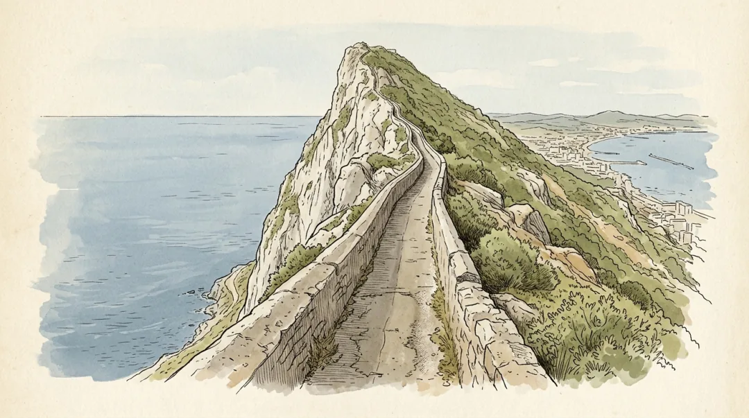 Ink and wash plate of Douglas Path along the crest of the Rock: a narrow path with a low wall on each side running away along the top of a knife-edge ridge, the ground dropping steeply on both sides at once, the open Mediterranean on the left and the town and bay on the right.