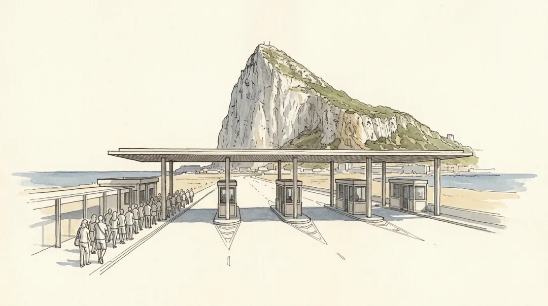 Ink and wash plate of the land frontier with Spain: a row of customs booths under a long flat canopy across the road, a queue of people filing through the pedestrian lane at the left, and the sheer grey north face of the Rock rising abruptly out of the flat isthmus straight ahead.