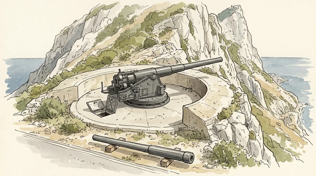 Ink and wash plate of Lord Airey's Battery near the southern summit: a nine point two inch gun on a low circular mounting in a shallow open concrete emplacement, repainted rather than rusted, with an access hatch beside it and a spare gun barrel lying on wooden blocks on the verge below.