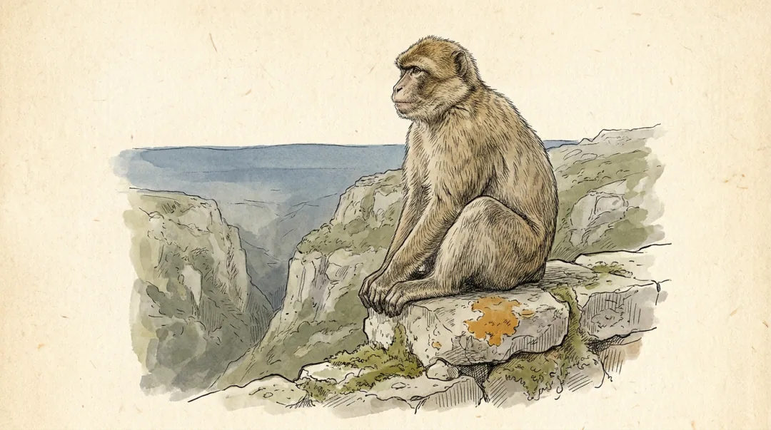 Botanical-plate study of a single Barbary macaque sitting upright on a limestone wall, drawn in ink with a light wash, the west face and the bay falling away behind it.