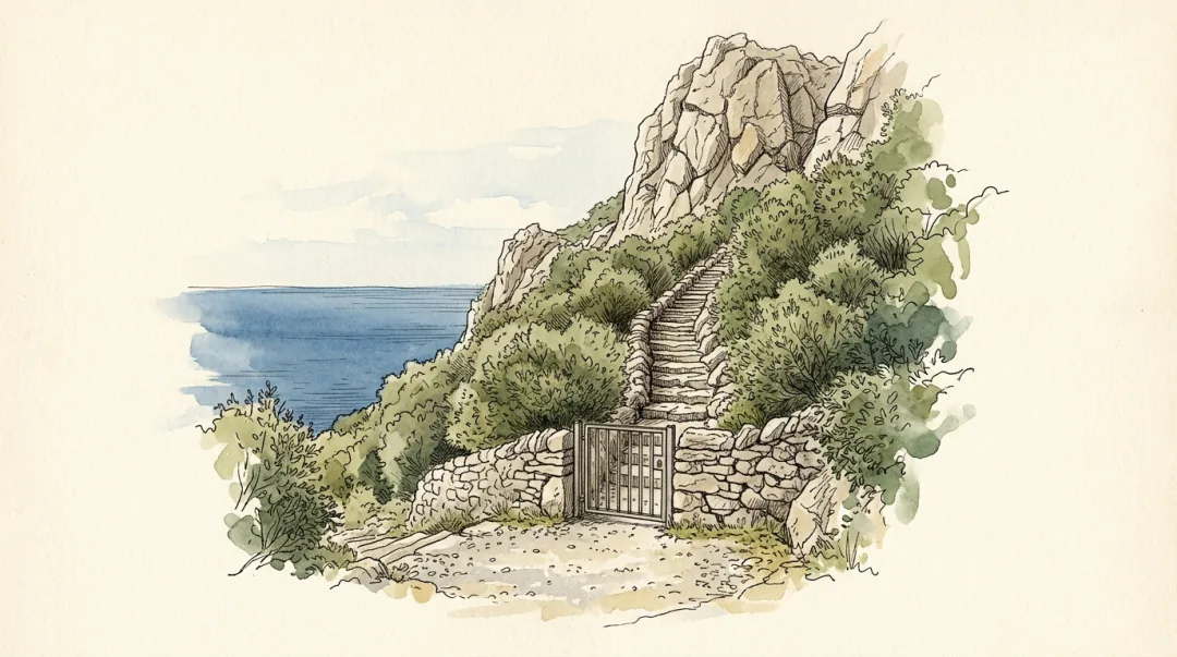 Ink and wash plate of the foot of the Mediterranean Steps at Jews' Gate: a flight of rough uneven limestone steps starting at a gap in a low drystone wall and climbing away into thick wild olive and lentisc, with a bare crag above, a plain metal gate at the bottom, and the sea beyond to the south.