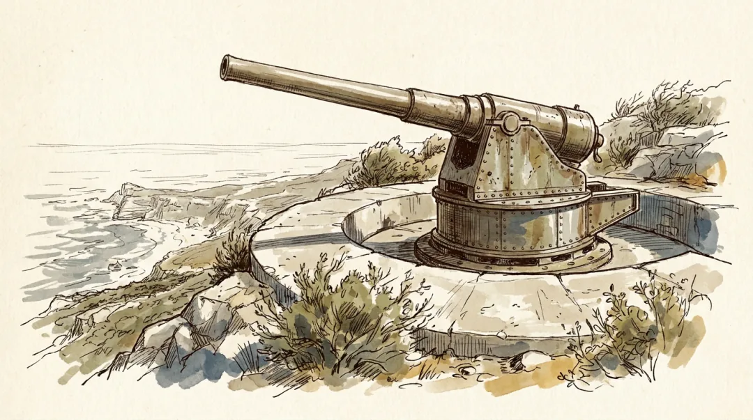 Ink and wash plate of O'Hara's Battery at the summit: a long naval gun on a rusted circular mounting, its barrel out over the sea, set in a concrete emplacement among limestone and scrub.