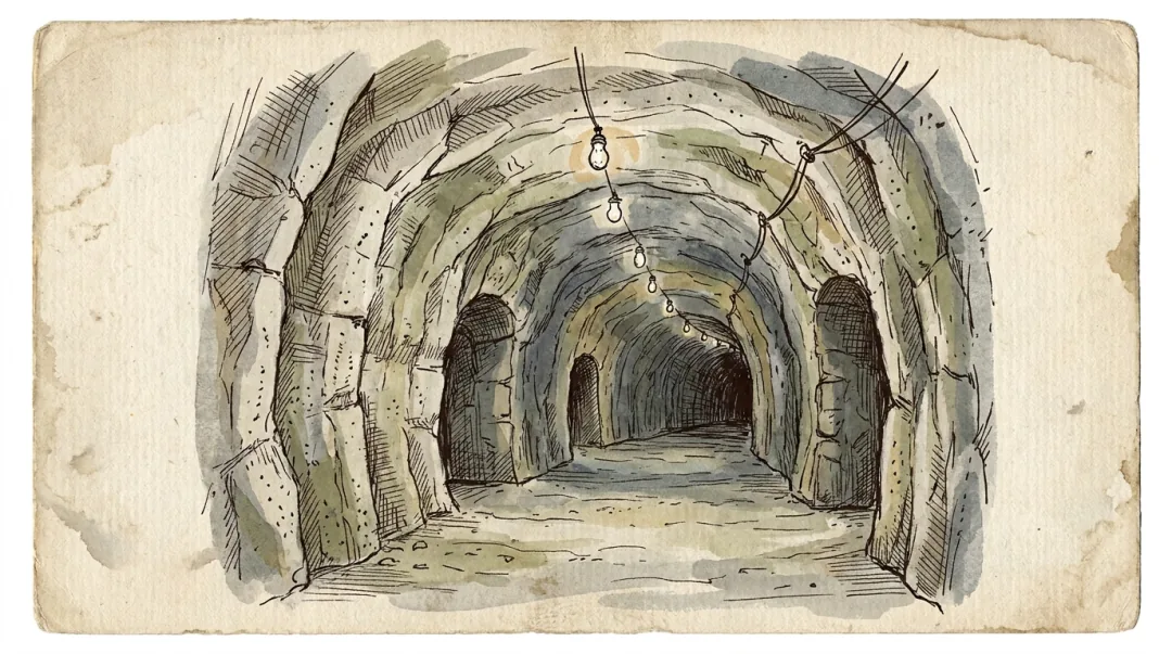 Wash drawing looking down a World War Two gallery cut through the limestone: a broad arched bore with the tool marks still on the walls, a single bulb hanging from the roof, and two side chambers opening off it.