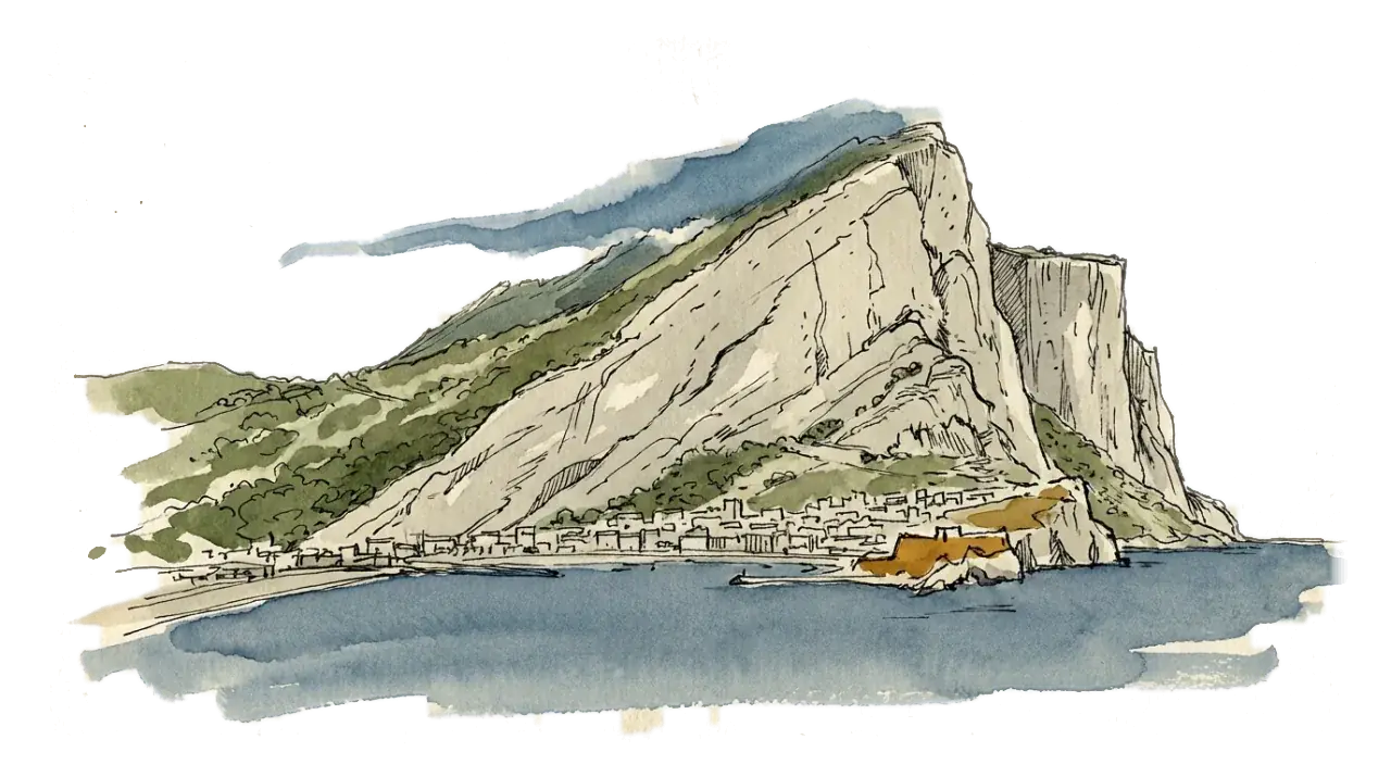 Ink and wash panorama of the Rock of Gibraltar from the north-west: the sheer grey north face at the right, the green scrub of the upper ridge falling away to the left, and the town packed along the shore of the bay below.